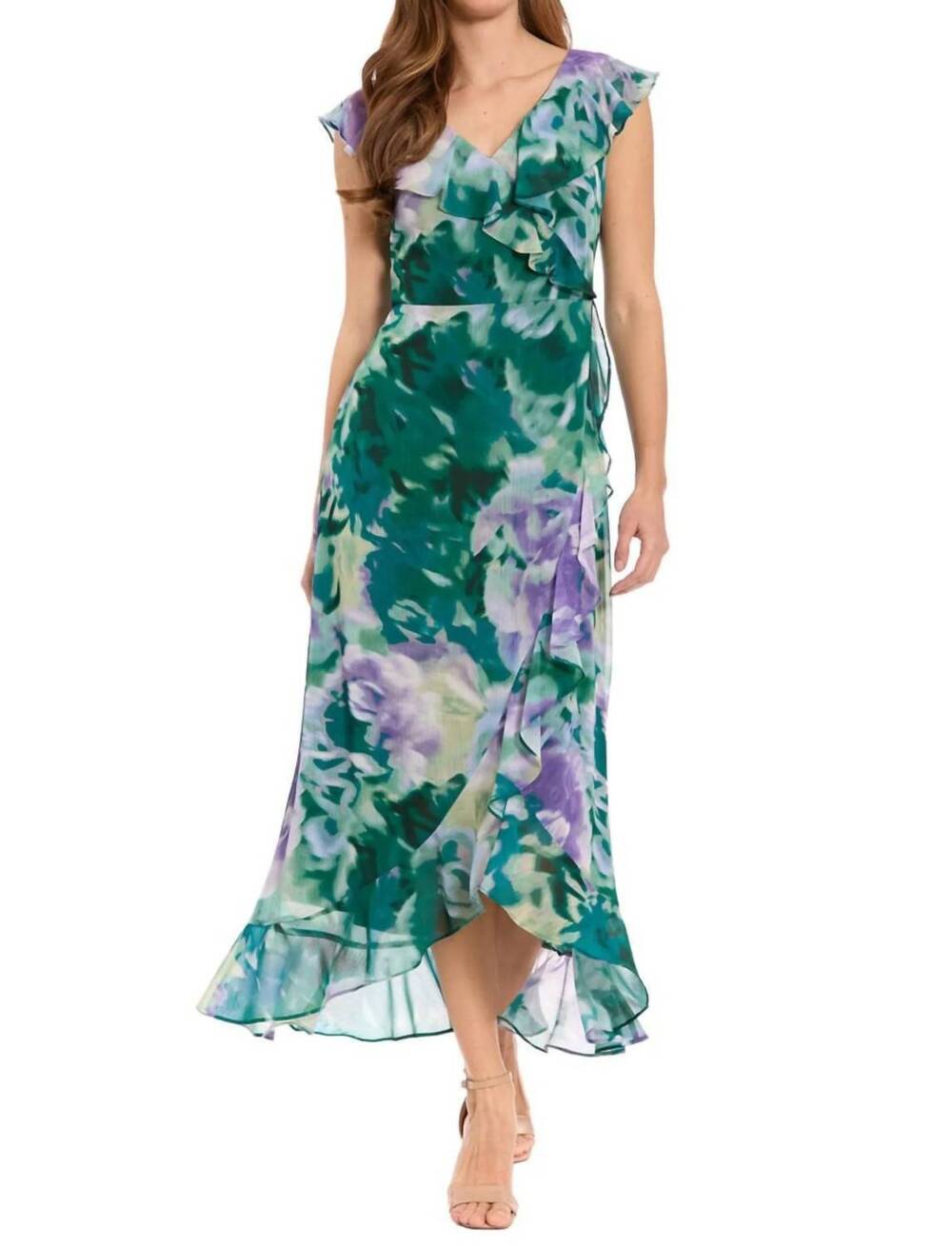 NEW MAGGY LONDON floral ruffle chiffon midi dress in orchid teal
